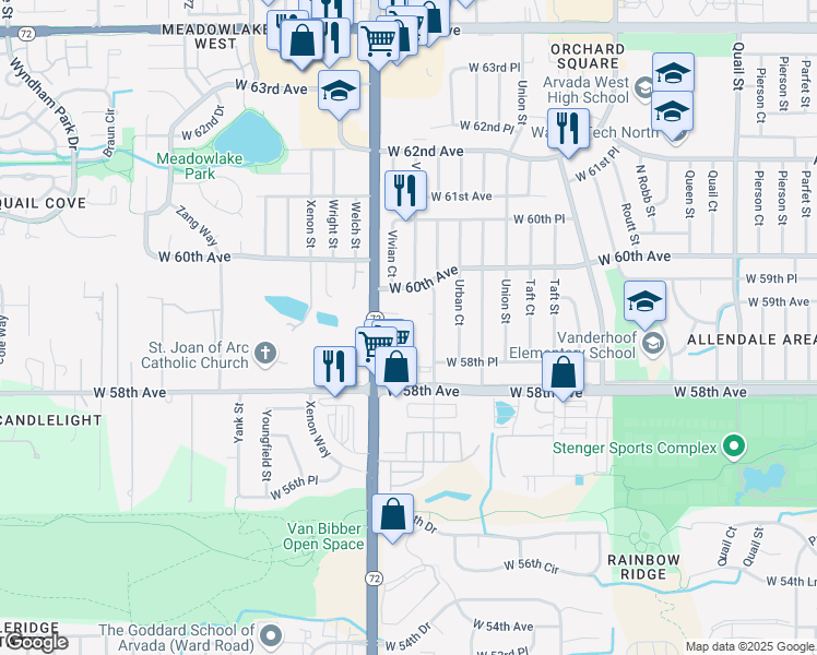 map of restaurants, bars, coffee shops, grocery stores, and more near 5858 Ward Road in Arvada