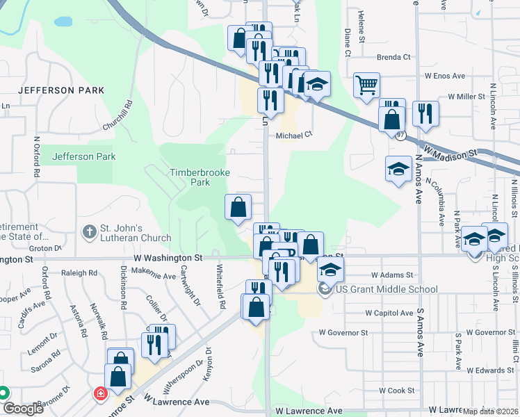 map of restaurants, bars, coffee shops, grocery stores, and more near 1900 Jeanette 05 Lane in Springfield