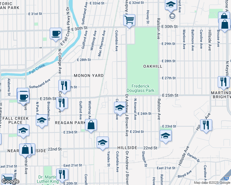 map of restaurants, bars, coffee shops, grocery stores, and more near 1212 East 25th Street in Indianapolis
