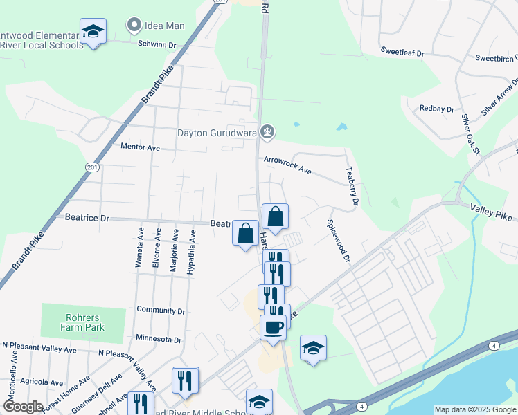 map of restaurants, bars, coffee shops, grocery stores, and more near 2234 Harshman Road in Dayton