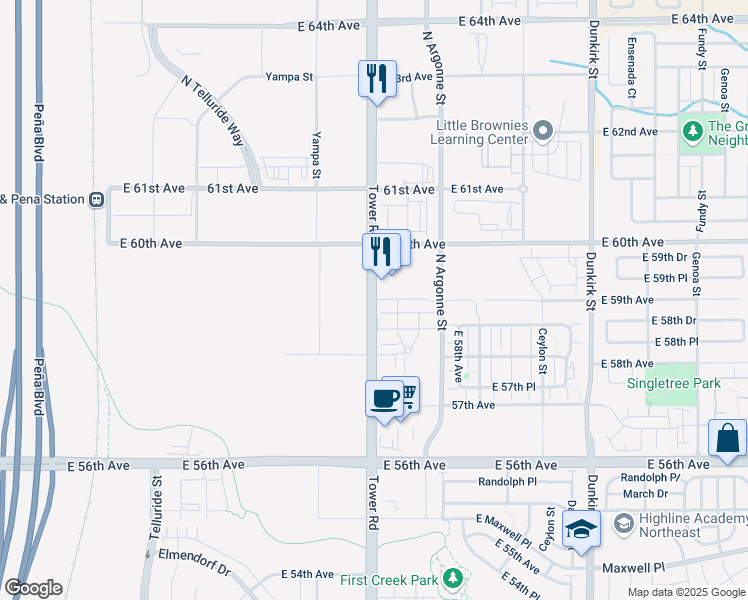 map of restaurants, bars, coffee shops, grocery stores, and more near 5905 Tower Road in Denver