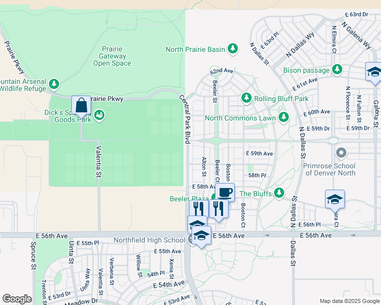 map of restaurants, bars, coffee shops, grocery stores, and more near 5922 Central Park Boulevard in Denver