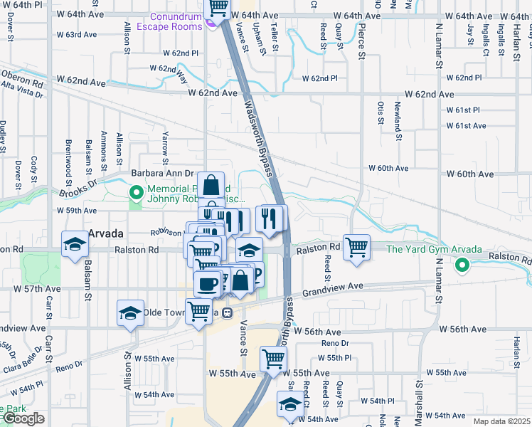 map of restaurants, bars, coffee shops, grocery stores, and more near 7304 West 59th Avenue in Arvada