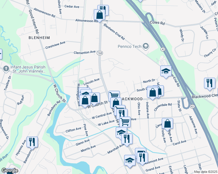 map of restaurants, bars, coffee shops, grocery stores, and more near 127 North Black Horse Pike in Camden County