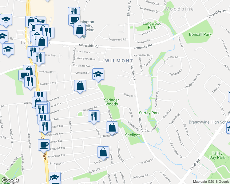 map of restaurants, bars, coffee shops, grocery stores, and more near 239 Hoyer Court in Wilmington