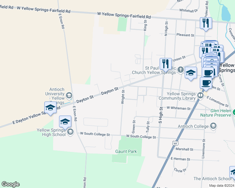 map of restaurants, bars, coffee shops, grocery stores, and more near 779 Dayton Street in Yellow Springs