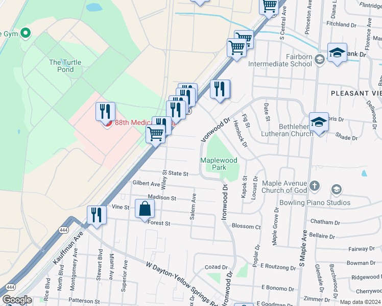map of restaurants, bars, coffee shops, grocery stores, and more near 220 Euclid Avenue in Fairborn