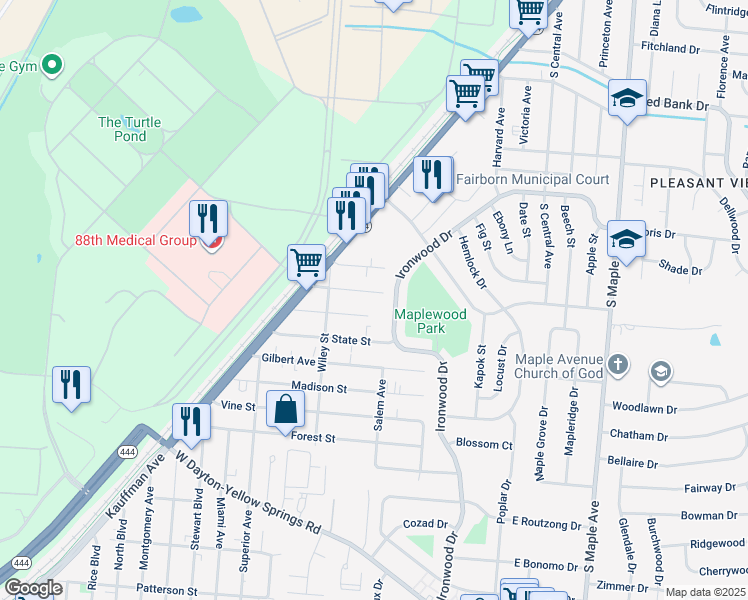map of restaurants, bars, coffee shops, grocery stores, and more near 220 Euclid Avenue in Fairborn