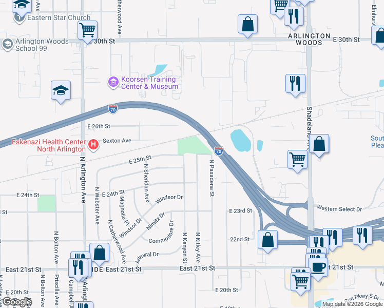 map of restaurants, bars, coffee shops, grocery stores, and more near 6506 East 25th Street in Indianapolis