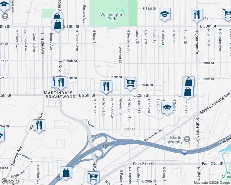 map of restaurants, bars, coffee shops, grocery stores, and more near 2520 Wheeler Street in Indianapolis