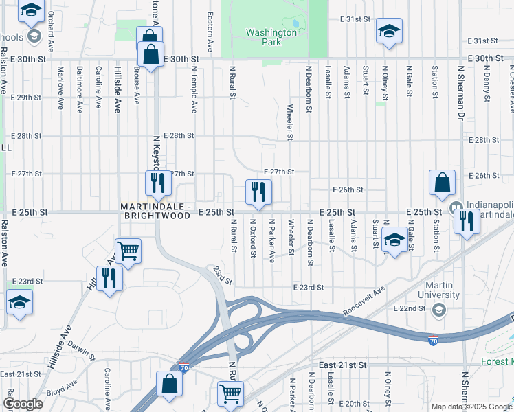 map of restaurants, bars, coffee shops, grocery stores, and more near 2603 Hyche Avenue in Indianapolis
