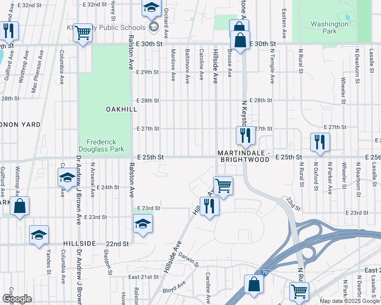 map of restaurants, bars, coffee shops, grocery stores, and more near 2522 Caroline Street in Indianapolis