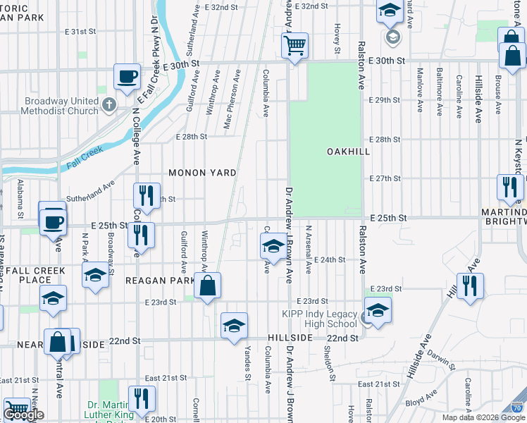 map of restaurants, bars, coffee shops, grocery stores, and more near 1212 East 25th Street in Indianapolis