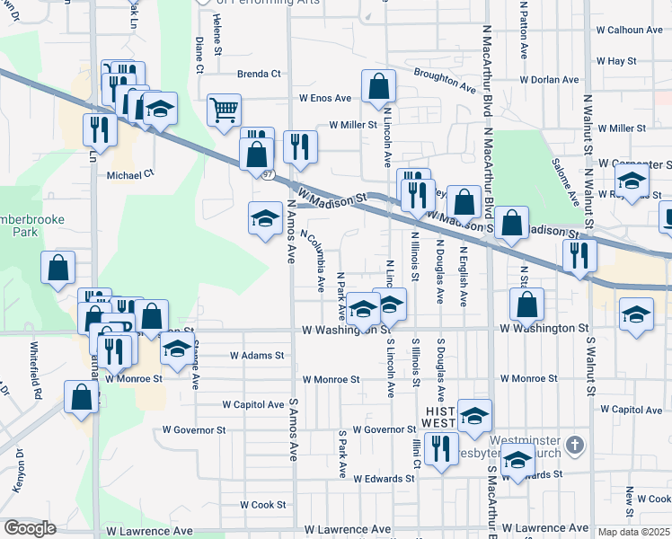 map of restaurants, bars, coffee shops, grocery stores, and more near 240 North Columbia Avenue in Springfield