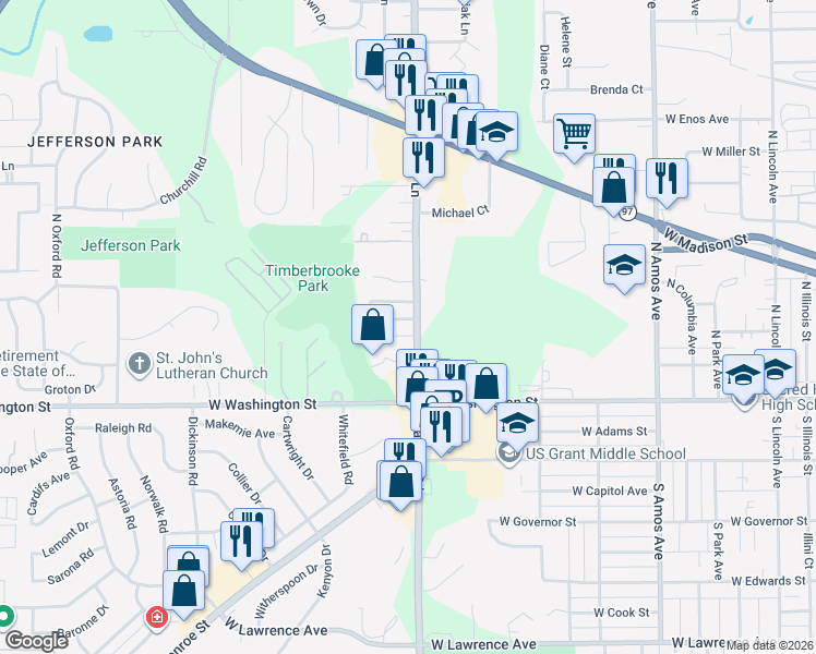 map of restaurants, bars, coffee shops, grocery stores, and more near 1900 Jeanette 05 Lane in Springfield