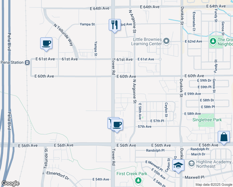 map of restaurants, bars, coffee shops, grocery stores, and more near 9338 East 59th Avenue in Denver