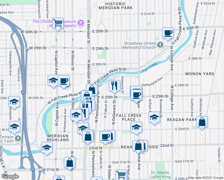 map of restaurants, bars, coffee shops, grocery stores, and more near 2541 North Talbott Street in Indianapolis