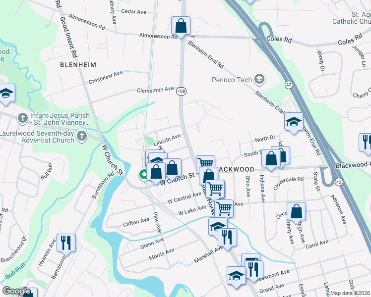 map of restaurants, bars, coffee shops, grocery stores, and more near 127 North Black Horse Pike in Camden County