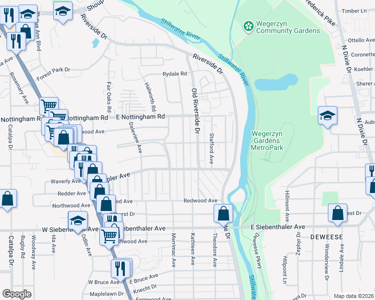 map of restaurants, bars, coffee shops, grocery stores, and more near 155 Fer Don Road in Dayton