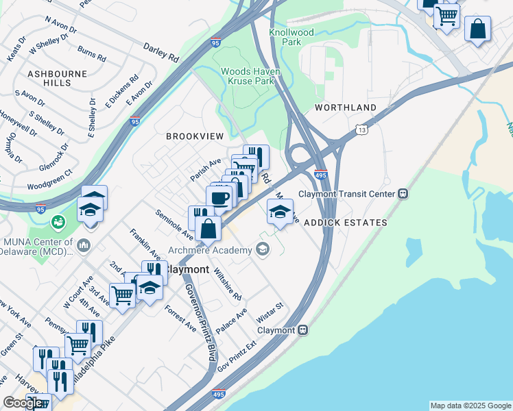 map of restaurants, bars, coffee shops, grocery stores, and more near 3600 Philadelphia Pike in Claymont