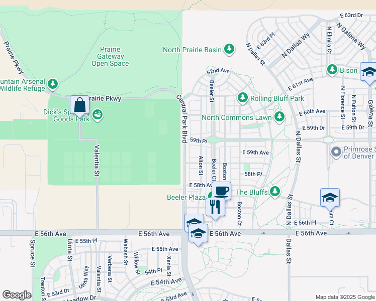 map of restaurants, bars, coffee shops, grocery stores, and more near 5908 Central Park Boulevard in Denver