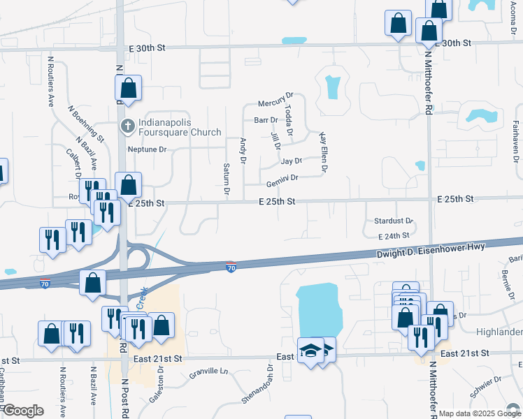 map of restaurants, bars, coffee shops, grocery stores, and more near 9425 East 25th Street in Indianapolis