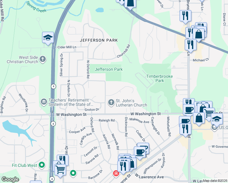 map of restaurants, bars, coffee shops, grocery stores, and more near 2547 Chapel Hill Road in Springfield