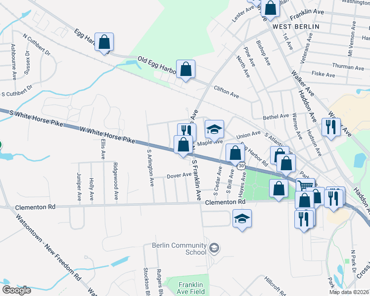 map of restaurants, bars, coffee shops, grocery stores, and more near 206 W White Horse Pike in Berlin Township