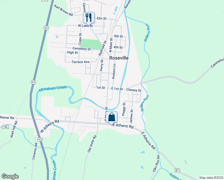 map of restaurants, bars, coffee shops, grocery stores, and more near 23 East 1st Street in Roseville