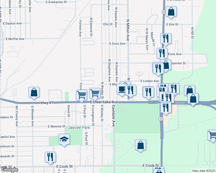 map of restaurants, bars, coffee shops, grocery stores, and more near 233 North Stephens Avenue in Springfield
