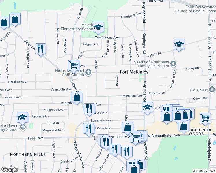 map of restaurants, bars, coffee shops, grocery stores, and more near 3904 Fairsmith Street in Dayton