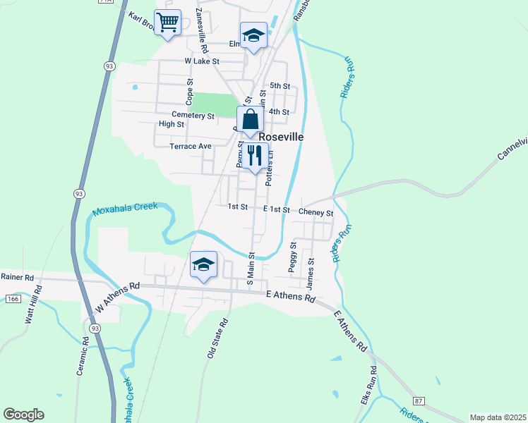 map of restaurants, bars, coffee shops, grocery stores, and more near 23 East 1st Street in Roseville