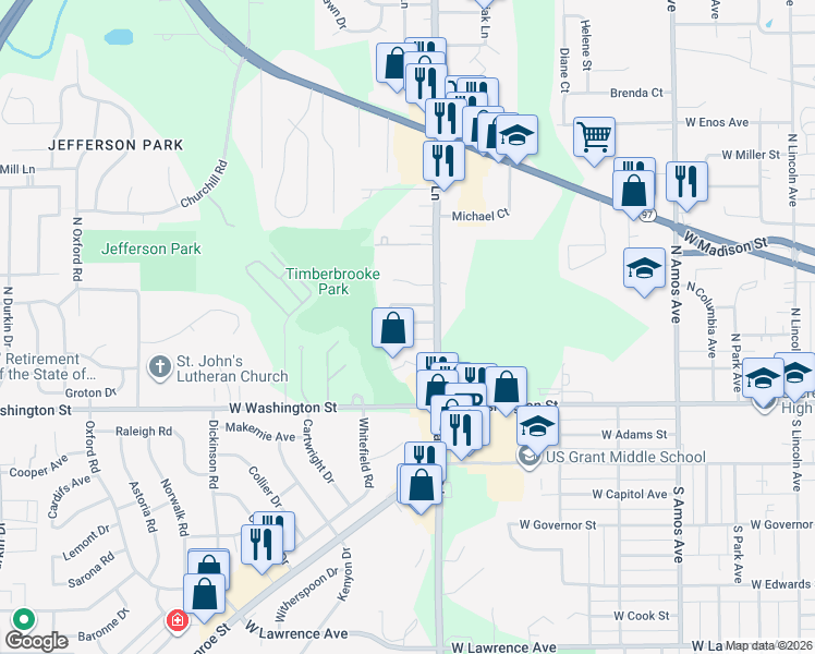 map of restaurants, bars, coffee shops, grocery stores, and more near 1900 Jeanette 05 Lane in Springfield
