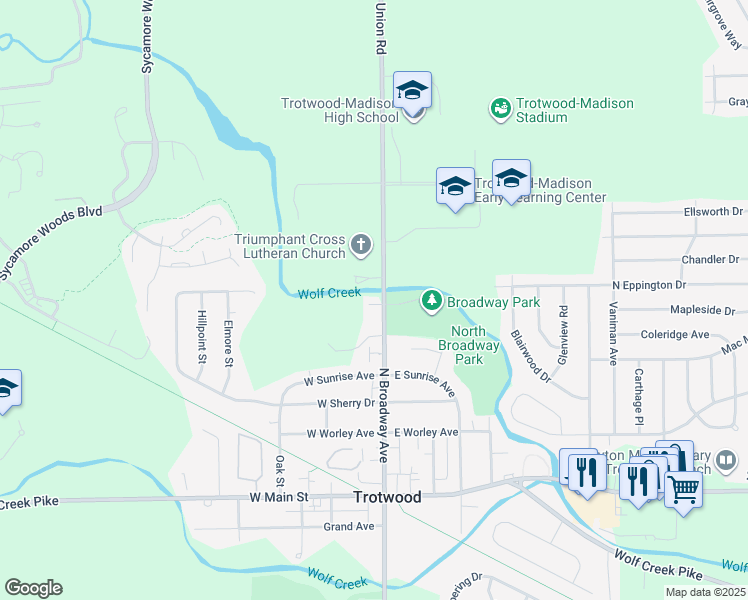 map of restaurants, bars, coffee shops, grocery stores, and more near 481 North Broadway Street in Trotwood