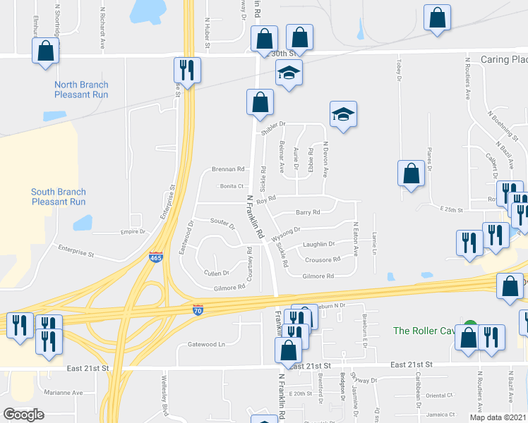 map of restaurants, bars, coffee shops, grocery stores, and more near 8011 Roy Road in Indianapolis