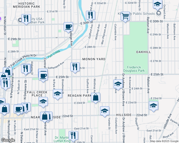 map of restaurants, bars, coffee shops, grocery stores, and more near 2528 Guilford Avenue in Indianapolis