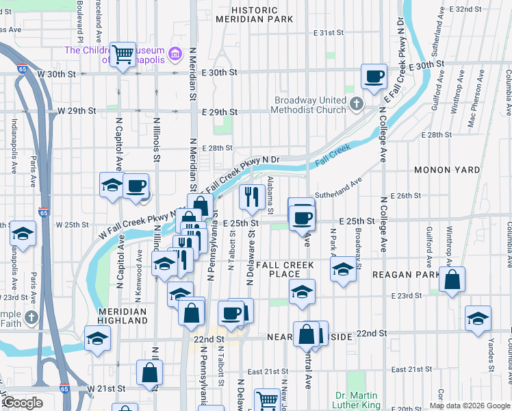 map of restaurants, bars, coffee shops, grocery stores, and more near 2548 North Alabama Street in Indianapolis