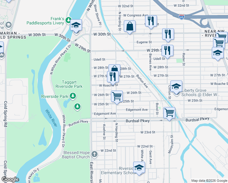 map of restaurants, bars, coffee shops, grocery stores, and more near 1415 West Roache Street in Indianapolis