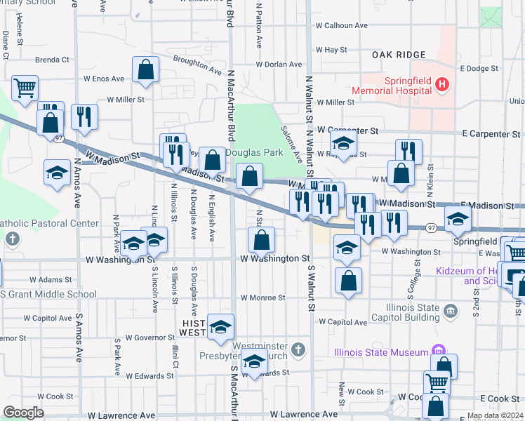 map of restaurants, bars, coffee shops, grocery stores, and more near 906 West Jefferson Street in Springfield