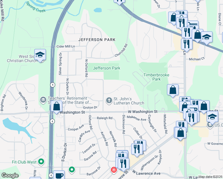 map of restaurants, bars, coffee shops, grocery stores, and more near 2547 Chapel Hill Road in Springfield