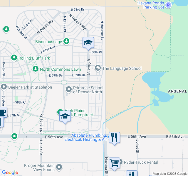 map of restaurants, bars, coffee shops, grocery stores, and more near 10255 East 59th Avenue in Denver