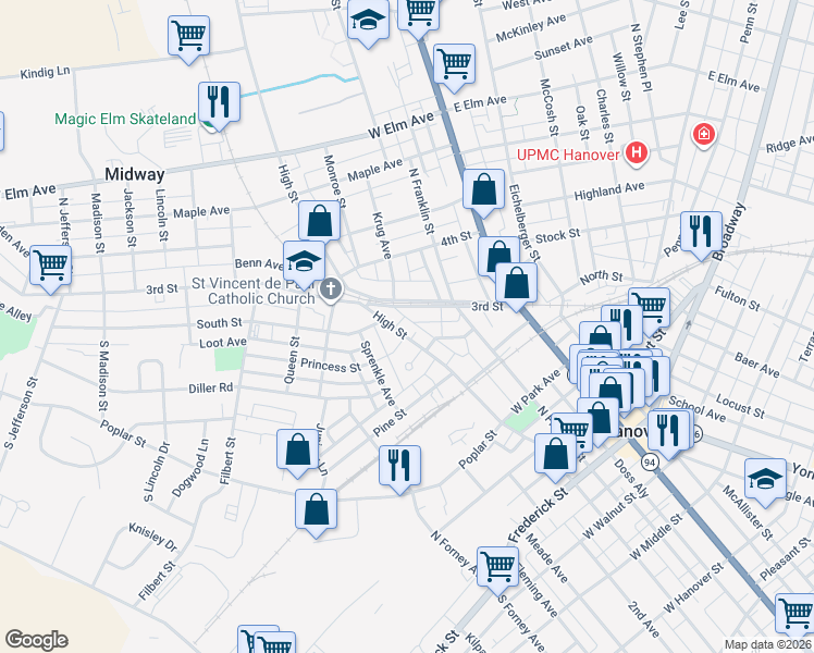 map of restaurants, bars, coffee shops, grocery stores, and more near 355 High Street in Hanover
