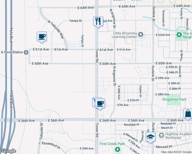 map of restaurants, bars, coffee shops, grocery stores, and more near 5905 Tower Road in Denver