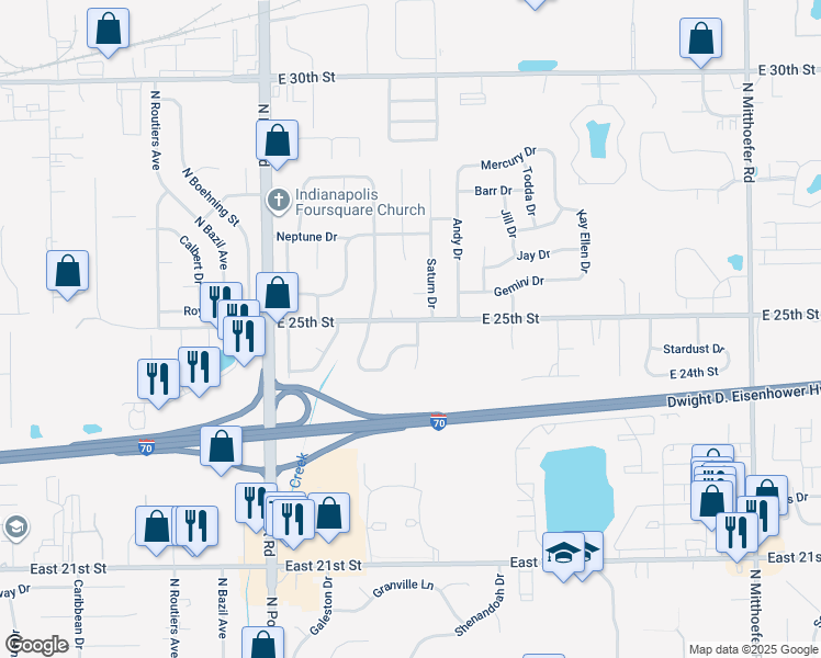map of restaurants, bars, coffee shops, grocery stores, and more near 2466 Saturn Drive in Indianapolis