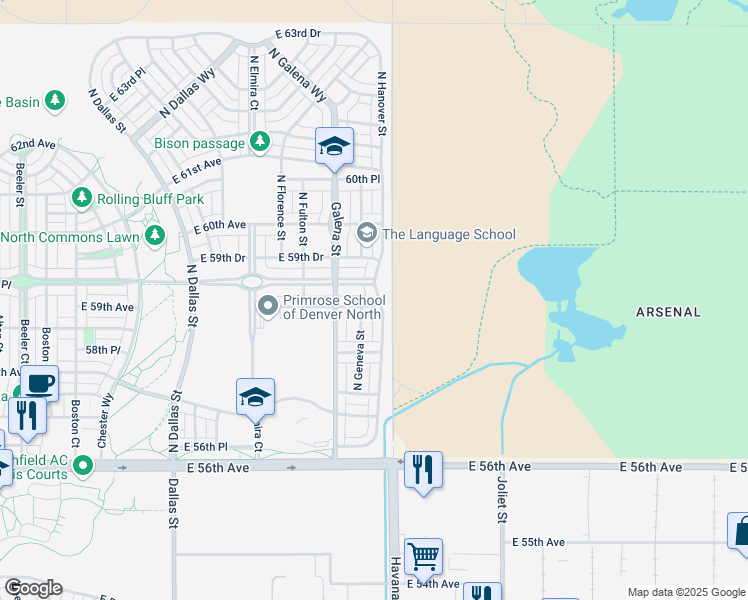 map of restaurants, bars, coffee shops, grocery stores, and more near 5905 Hanover Street in Denver