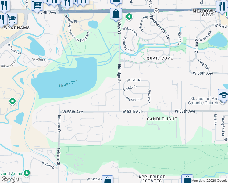 map of restaurants, bars, coffee shops, grocery stores, and more near 14046 West 59th Place in Arvada