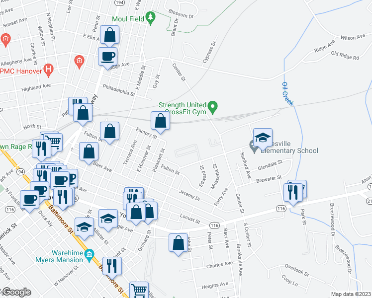 map of restaurants, bars, coffee shops, grocery stores, and more near 456 Springbrook Court in Hanover
