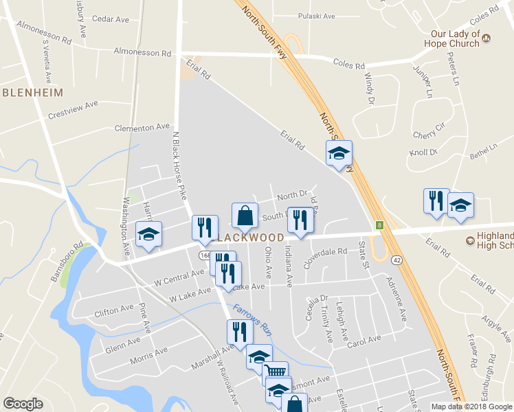 map of restaurants, bars, coffee shops, grocery stores, and more near 150 West Court in Gloucester Township