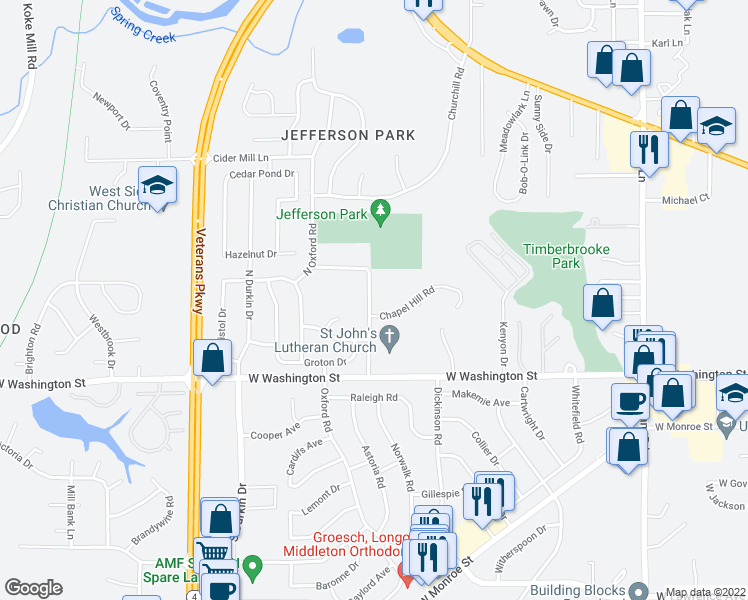 map of restaurants, bars, coffee shops, grocery stores, and more near 20 Harbauer Lane in Springfield