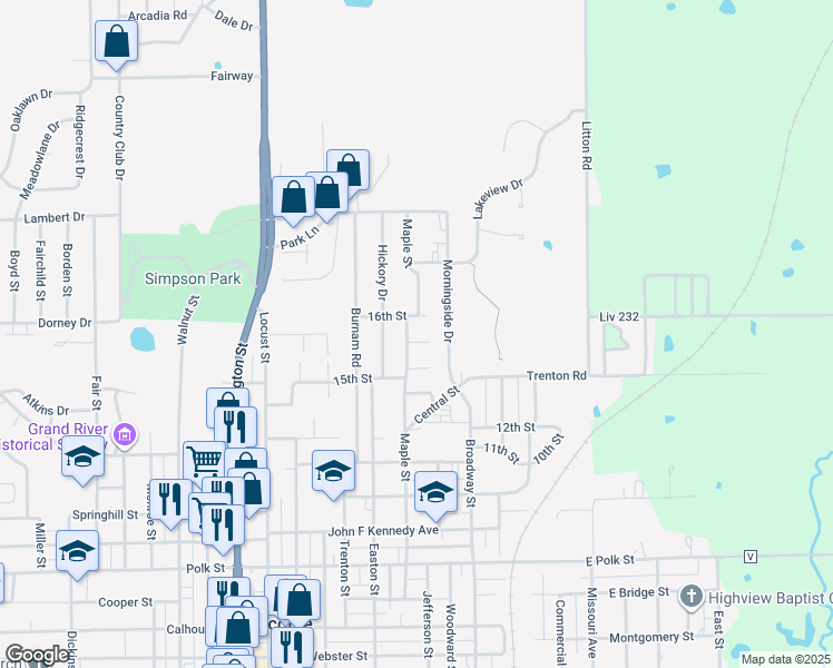 map of restaurants, bars, coffee shops, grocery stores, and more near 1520 Maple Street in Chillicothe